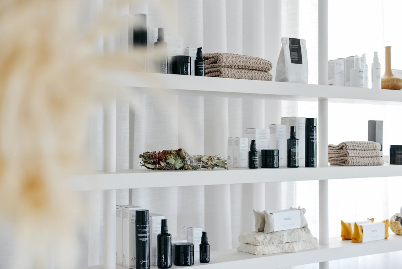 Shelves stocked with skin care products.